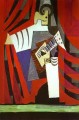 Polichinelle à la guitare avant le rideau de scène 1919 cubiste